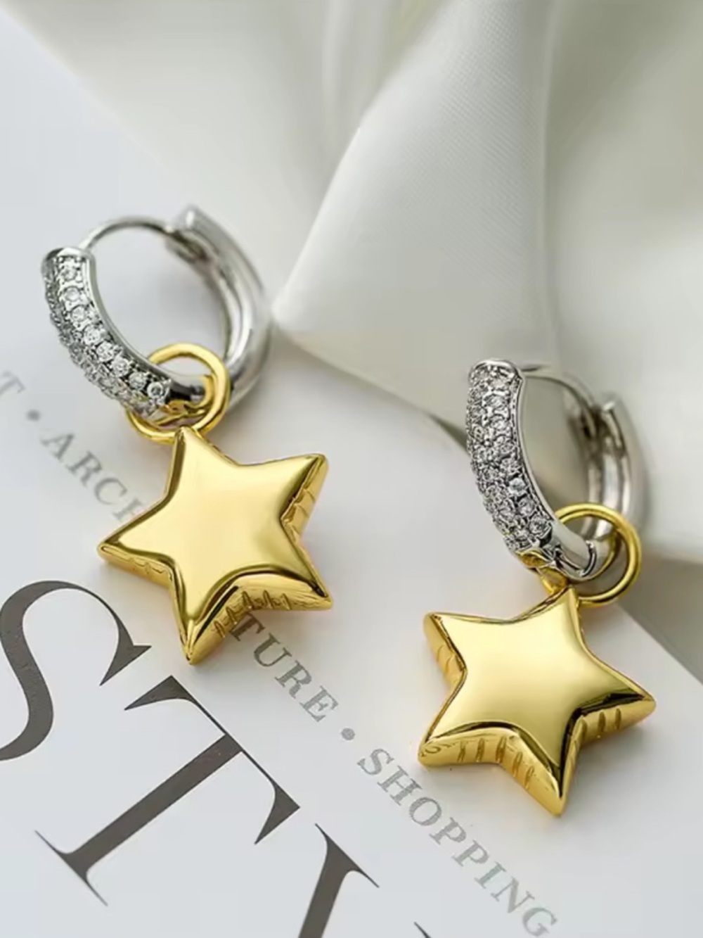Gold Star Dangle Hoop Earrings with Crystal Accents - Women Jewelry